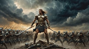 In this marvelous work of art, ,this high-quality photograph is a visual treat that radiates charm, inviting viewers to immerse themselves in its delightful atmosphere. Surrealist art Leonardo Style, ColorArt,

A warrior in an epic pose, standing on a battlefield, with an army of soldiers, in the background, a dark and stormy sky.
