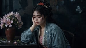 (
A portrait of a broken-hearted woman, with tears streaming down her face, sitting alone in a dark room, surrounded by broken glass and wilted flowers
),(highly detailed long photography), cinematic colors, texture, film grain, (upper body shot:1,1), (cloudy:0.7), hyper detailed, epic composition, official art, unity 8k wallpaper, ultra detailed, masterpiece, best ,HellAI,Landskaper, ((background fire light)), bokeh,szhf dress,hanfu