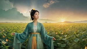 (A figure of a young asian woman standing against the backdrop of a rising sun, arms outstretched and eyes closed, as butterflies flutter around her. The sunburst radiates light and color, symbolizing hope, energy, and new beginnings. The butterflies represent transformation and freedom. The asian woman is surrounded by lush green fields, representing nature and growth),(highly detailed long photography), cinematic colors, texture, film grain, (upper body shot:1,1), (cloudy:0.7), hyper detailed, epic composition, official art, unity 8k wallpaper, ultra detailed, masterpiece, best ,HellAI,Landskaper, ((background fire light)), bokeh,szhf dress,hanfu