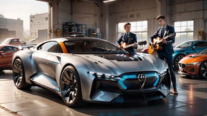 

(a men with guitar beside a Concept Cars )