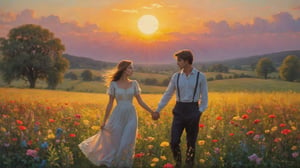 In this marvelous work of art, ,this high-quality photograph is a visual treat that radiates charm, inviting viewers to immerse themselves in its delightful atmosphere. Surrealist art Leonardo Style, ColorArt,

A young couple standing in a field of flowers, holding hands and looking at each other lovingly. The sun is setting in the background, casting a warm glow over the scene. The colors are bright and vibrant, with the flowers in full bloom.
