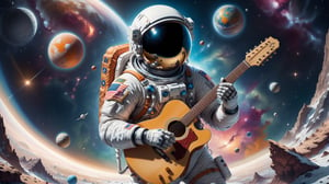 Generate an image of a astronaut standing(PLAYING guitar), in a surreal universe where dreams materialize as physical objects. Show the character discovering a dream object that holds profound significance to them. This object should be beautifully detailed and symbolic, representing their deepest desires or emotions. Capture the character's emotional reaction as they encounter this extraordinary manifestation, conveying a mix of wonder, nostalgia, and perhaps even a touch of melancholy, creating a visually compelling and emotionally charged scene."
