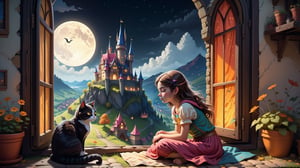 dark night, in a cozy home, A girl sleeping beside the window , a cat is looking at her , outside the window is a fairy tale castle on top of hill, in the style of 2d game art, cinestill 50d, warm light, nightmare,  colourful animation stills,Leonardo Style, cyborg style