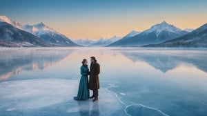 In this marvelous work of art, ,this high-quality photograph is a visual treat that radiates charm, inviting viewers to immerse themselves in its delightful atmosphere. Surrealist art Leonardo Style, ColorArt,
 A man and woman stand on a frozen lake, dressed in winter clothing. The man is looking away from the woman, and the woman is looking at him with a sad expression. The lake is surrounded by snowy mountains, and the sky is a clear, blue winter day. 