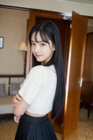 masterpiece, best quality, 1 girl, solo,preteen, beautiful detailed eyes, long black hair, Korean, school, ((big brests)), in the hotel room,
 a midi skirt, fashion girl,
masterpiece, best quality, photorealistic, 8k raw photo, 1girl, standing,full body, long black hair, little smiling, slim body, brown eyes,outdoors, white sand beach, detailed background, ultra detailed, wide shot, dslr,10-year-old,bsp