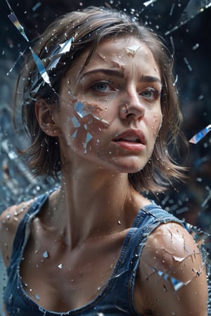 hyperrealism, masterpiece, a beautiful woman shattering glasslike surface, determined face, teared tanktop and short jeans, other dimension,photorealistic