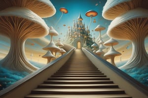 surrealism art, e. s. esher aura, masterpiece, alice (alice in wonderland) running stairway, followed by female cyborgs, flying cards in the sky,