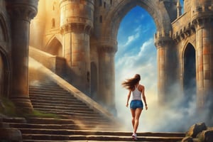 e. s. esher art style, infinite stair castle, masterpiece, a beautiful woman running, determined face, teared tanktop and short jeans,DonM0ccul7Ru57XL