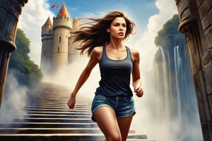 e. s. esher art style, infinite stair castle, masterpiece, a beautiful woman running, determined face, teared tanktop and short jeans,DonM0ccul7Ru57XL