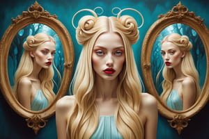 Neo-surrealism, whimsical art, fantasy, magical realism, bizarre art, pop-surrealism, inspired by Remedios Val. Depicts multiple twisted mirrors and a beautiful blonde long hair fashion woman.
