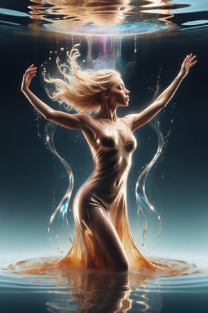 a young beautiful blonde woman, tranforming from liquid matter and glass to living woman, human upperbody  and glass underbody, surrealism aura, charismatic dancing pose, flowing water lines elements
