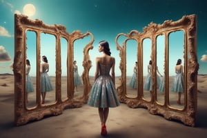 Neo-surrealism, whimsical art, fantasy, magical realism, bizarre art, pop-surrealism, inspired by Remedios Val. Depicts multiple twisted mirrors and a beautiful fashion woman.
