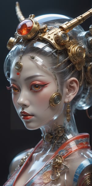 Glass made ultra Detailed translucent ultra hyper detailed,  hyper Realistic cyborg Japanese Oiran Girl, 
high-tech cyborg Oiran, wearing translucent layered kimono, 
cyberpunk style, cyborg style, cyborg, android, 