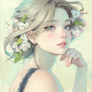 Soft tones, elegant girl, light brown hair with some white flowers, butterflies, exquisite beauty, super detailed painting inspired by Japanese illustrator Miho Hirano, masterpiece, illustration, ,watercolor style