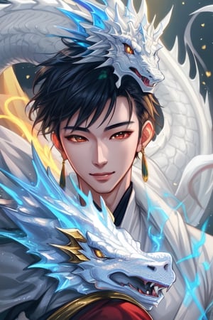 Handsome oriental boy and white dragon (golden dragon horn), masterpiece, very high quality, official art, cg 8k wallpaper, (fantasy style), masterpiece, best quality, light particles, very detailed, best lighting, (beautiful face), incredibly detailed, (very beautiful), (best quality)