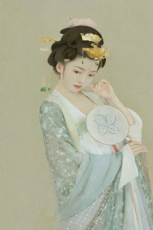 Song Dynasty beauty, Hanfu, full body, The lady holds a fan in her hand, traditional Chinese painting,  