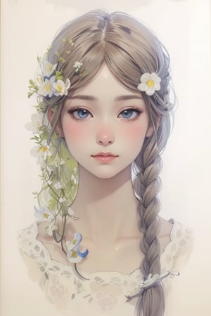 muted tones, elegant girl with two long braids, some white flowers on her light brown hair, exquisite and beautiful, ultra-detailed painting inspired by Japanese illustrator Miho Hirano, masterpiece, illustration, ,watercolor style