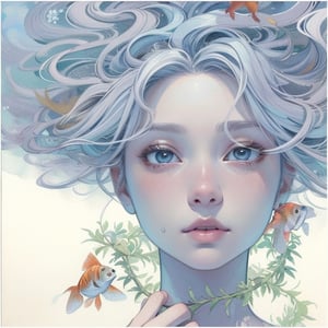 Soft tones, elegant girl, light blue hair with some aquatic plants and some goldfish next to it, exquisite beauty, super detailed painting inspired by Japanese illustrator Miho Hirano, masterpiece, illustration, ,watercolor style
