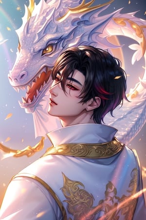 Handsome oriental boy and white dragon (golden dragon horn), masterpiece, very high quality, official art, cg 8k wallpaper, (fantasy style), macaron tone (rainbow) (face focus, cute, masterpiece, best quality, light particles, very detailed, best lighting, (beautiful face), incredibly detailed, (very beautiful), (best quality)
