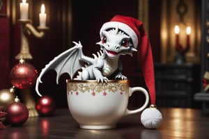 a dark gothic, White dragon baby wearing a red Christmas hat, in a golden 
 Christmas cup. surrounding by dark gothic room, soft cinematic lighting, highly detailed, 8k