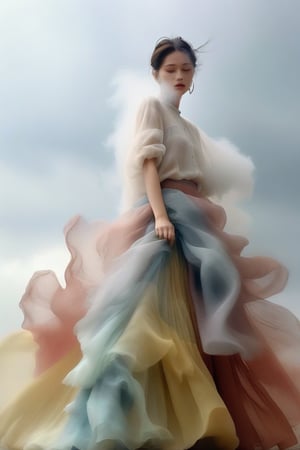 Inspired by photography from Vogue magazine,
On a cloudy day, a woman is wearing a romantic transparent gauze, like clouds, a colorful long skirt, a full body photo, the woman's face is looming, the atmosphere is like smoke and a dream, it is indescribably beautiful.