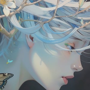 Soft tones, elegant girl, light brown hair with some white flowers, butterflies, exquisite beauty, super detailed painting inspired by Japanese illustrator Miho Hirano, masterpiece, illustration, ,watercolor style