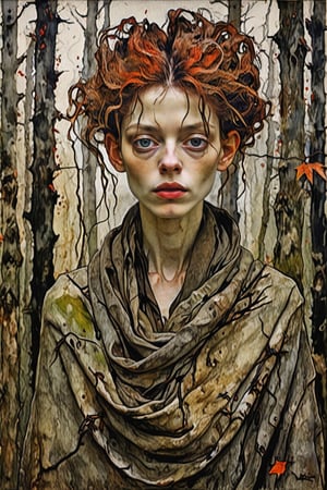 Tportrait style by Egon Schiele, by Eric Lacombe, Her hair, the color of withered vines, trails behind her like ghostly tendrils. Draped in tattered, moss-covered garments, her skin bears the pallor of the long-forgotten dead, and her eyes gleam with the sorrowful echoes of autumn's fading beauty