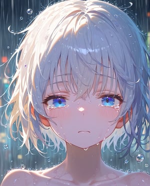 score_9, score_8_up, score_7_up, source_anime, rating_explicit, (semi-realistic:0.8), high quality, rough_lines, smooth_skin, reflective_skin, reflective_materials, wet_materials, blurred_city_lights BREAK 1girl, detailed_face, detailed_hair, smooth skin, half-closed_eyes, (white_hair), short_hair, blue_eyes, tears, crying, raining, water_droplets, looking_at_viewer, (close), face_focus