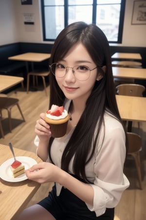 (masterpiece),  realistic,  image of a Japanese female, high quality,  8K Ultra HD,  photorealistic has a fully detailed mature face,  Realistically not Ai,  36D, NATURAL,  charming,  detailed face, 170cm height, high heels as a sexy wife 1 girl, beautiful Korean girl, the sleeve shirts, short pants, smile, wearing glasses eating cake, in the cafe.