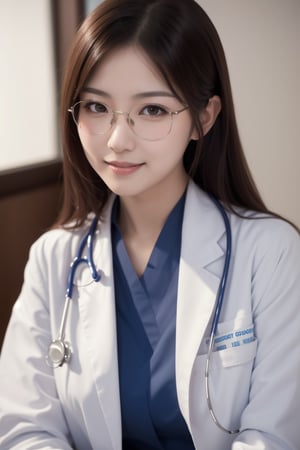 (masterpiece),  realistic, image of a Japanese female, high quality,  8K Ultra HD,  photorealistic has a fully detailed mature face,  Realistically not Ai,  36D, NATURAL,  charming,  detailed face, 170cm height, high heels as a sexy wife 1 girl, beautiful Korean girl, smile, glasses, wearing sexy as a doctor in the hospital.