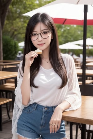 (masterpiece),  realistic, image of a Japanese female, high quality,  8K Ultra HD,  photorealistic has a fully detailed mature face,  Realistically not Ai,  36D, NATURAL,  charming,  detailed face, 170cm height, high heels as a sexy wife 1 girl, beautiful Korean girl, the sleeve shirts, short pants, smile, wearing glasses eating cake, in the open air cafe.