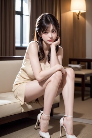 (masterpiece),  realistic, image of a Japanese female,  full body to feet,  high quality,  8K Ultra HD,  photorealistic has a fully detailed mature face,  Realistically not Ai,  36D, NATURAL,  charming,  detailed face, a sweet girl have long legs with high heels in the hotel lobby, Thought the windows in see outside is sunshine.,laoliang 