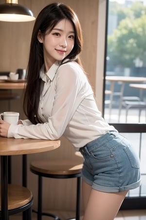 (masterpiece),  realistic,  image of a Japanese female, high quality,  8K Ultra HD,  photorealistic has a fully detailed mature face,  Realistically not Ai,  36D, NATURAL,  charming,  detailed face, 170cm height, high heels as a sexy wife, is looking book in the cafe,1 girl, beautiful Korean girl, wearing white collared long sleeve shirts, short pants, smile, drinking coffee and seeing book in the cafe.,solo