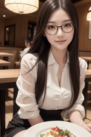 (masterpiece),  realistic, image of a Japanese female, high quality,  8K Ultra HD,  photorealistic has a fully detailed mature face,  Realistically not Ai,  36D, NATURAL,  charming,  detailed face, 170cm height, high heels as a sexy wife 1 girl, beautiful Korean girl, the sleeve shirts, smile, wearing sexy, wearing glasses, sitting on a Japanese style restaurant eating cake.