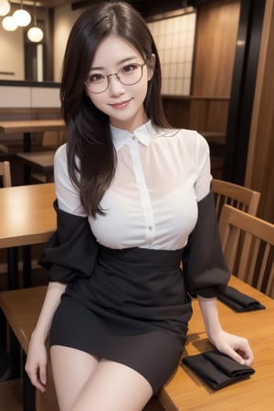 (masterpiece),  realistic, image of a Japanese female, high quality,  8K Ultra HD,  photorealistic has a fully detailed mature face,  Realistically not Ai,  36D, NATURAL,  charming,  detailed face, 170cm height, high heels as a sexy wife 1 girl, beautiful Korean girl, the sleeve shirts, smile, wearing sexy, wearing glasses, sitting on a Japanese style restaurant.