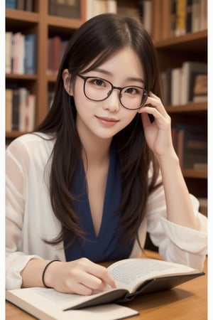 (masterpiece),  realistic, image of a Japanese female, high quality,  8K Ultra HD,  photorealistic has a fully detailed mature face,  Realistically not Ai,  36D, NATURAL,  charming,  detailed face, 170cm height, high heels as a sexy wife 1 girl, beautiful Korean girl, the sleeve shirts, smile, wearing glasses reading book in the library.