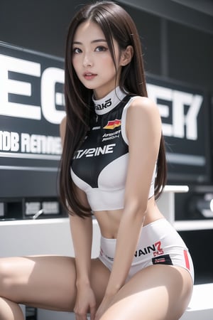 1girl, solo, long hair, looking at the viewer, sexy Japanese girl, sexy race queen, sexy clothing, competition, race queen,1 girl, short hair, sitting on the F1 Formula terminal.