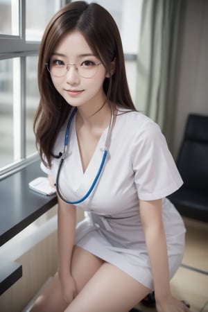 (masterpiece),  realistic, image of a Japanese female, high quality,  8K Ultra HD,  photorealistic has a fully detailed mature face,  Realistically not Ai,  36D, NATURAL,  charming,  detailed face, 170cm height, high heels as a sexy wife 1 girl, beautiful Korean girl, smile, wearing sexy, glasses, cosplay NURSE in the hospital on operation table.