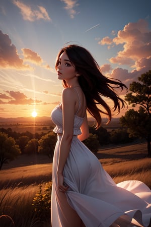 beautiful landscape, sunset, plain, girl watching at sunset, beautiful clouds, beautiful sky, detailed image, beautiful trees, stunning image, perfect use of light, ballad lighting, wind. Detailed