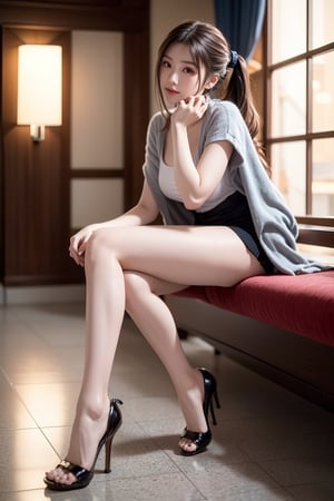 (masterpiece),  realistic, image of a Japanese female,  full body to feet,  high quality,  8K Ultra HD,  photorealistic has a fully detailed mature face,  Realistically not Ai,  36D, NATURAL,  charming,  detailed face, a sweet girl have long legs with high heels in the hotel lobby, Thought the windows in see outside is heavy rain.,laoliang 