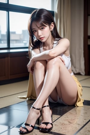 (masterpiece),  realistic, image of a Japanese female,  full body to feet,  high quality,  8K Ultra HD,  photorealistic has a fully detailed mature face,  Realistically not Ai,  36D, NATURAL,  charming,  detailed face, a sweet girl have long legs with high heels in the hotel lobby, Thought the windows in see outside is heavy rain, sitting with her head in her hand.