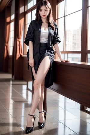 (masterpiece),  realistic, image of a Japanese female,  full body to feet,  high quality,  8K Ultra HD,  photorealistic has a fully detailed mature face,  Realistically not Ai,  36D, NATURAL,  charming,  detailed face, a sweet girl have long legs with high heels in the hotel lobby, Thought the windows in see outside is heavy rain.
