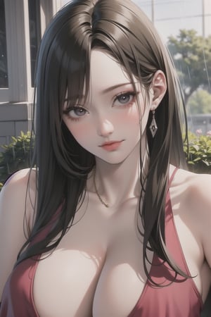 best quality, masterpiece, (photorealistic:1.4), 1girl, majestic flowing hair, rain, 1girl, solo, brown hair,  outdoors, realistic, the image of a Japanese female, high quality, 8K Ultra HD, photorealistic has a fully detailed mature face, Realistically not Ai, 36D, NATURAL, charming, detailed face, full body with long legs and stocking, sexy pose as a lady, in hotel lobby.