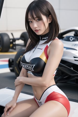 1girl, solo, long hair, looking at the viewer, sexy Japanese girl, sexy race queen, sexy clothing, competition, race queen,1 girl, short hair, sitting on the F1 Formula terminal.