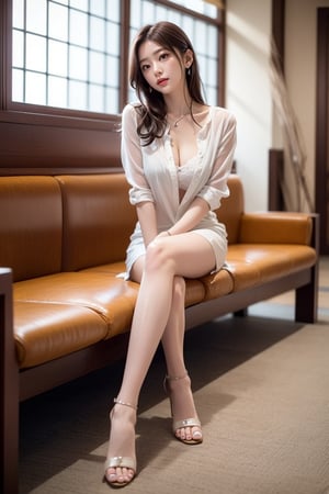 (masterpiece),  realistic, image of a Japanese female,  full body to feet,  high quality,  8K Ultra HD,  photorealistic has a fully detailed mature face,  Realistically not Ai,  36D, NATURAL,  charming,  detailed face, a sweet girl have long legs with high heels in the hotel lobby, who with her head in her hands. Though the windows in see outside is heavy rain,