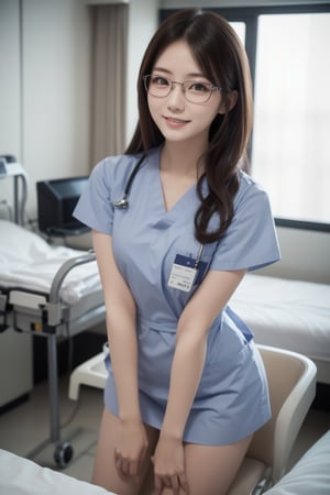 (masterpiece),  realistic, image of a Japanese female, high quality,  8K Ultra HD,  photorealistic has a fully detailed mature face,  Realistically not Ai,  36D, NATURAL,  charming,  detailed face, 170cm height, high heels as a sexy wife 1 girl, beautiful Korean girl, smile, wearing sexy, glasses, cosplay NURSE in the hospital on operation table...