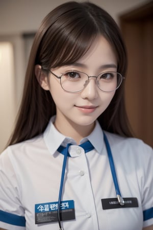 (masterpiece),  realistic, image of a Japanese female, high quality,  8K Ultra HD,  photorealistic has a fully detailed mature face,  Realistically not Ai,  36D, NATURAL,  charming,  detailed face, 170cm height, high heels as a sexy wife 1 girl, beautiful Korean girl, smile, wearing sexy, glasses, cosplay NURSE in the hospital on operation table.