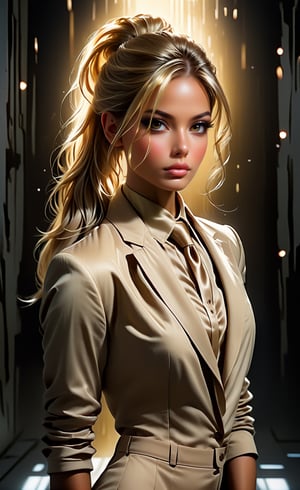 Create an original concept art of a blond hair long straight ponytail sexy teasing female character, wearing a beige business suit, inspired by the thriller genre. Employ a blend of natural and volumetric lighting to accentuate the intricate, complex design, giving the piece a fantastical and maximalist feel. The image should convey a sense of mystery and sophistication, matching the quality of an 8k resolution professional photograph