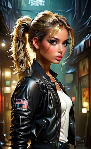 Create an original concept art of a blond sexy teasing ponytail female character, wearing a back leather motor jacket, inspired by the thriller genre. Employ a blend of natural and volumetric lighting to accentuate the intricate, complex design, giving the piece a fantastical and maximalist feel. The image should convey a sense of mystery and sophistication, matching the quality of an 8k resolution professional photograph