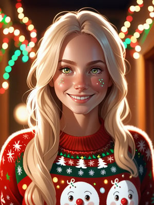 A sun bronzed white woman , slender build with long blond body wave hair, brown eyes wide pupils, wearing a happy holidays ugly Christmas sweater wrapped in Christmas lights. Symmetrical body, portrait, cinematic lighting, high contrast, partition, character concept art,